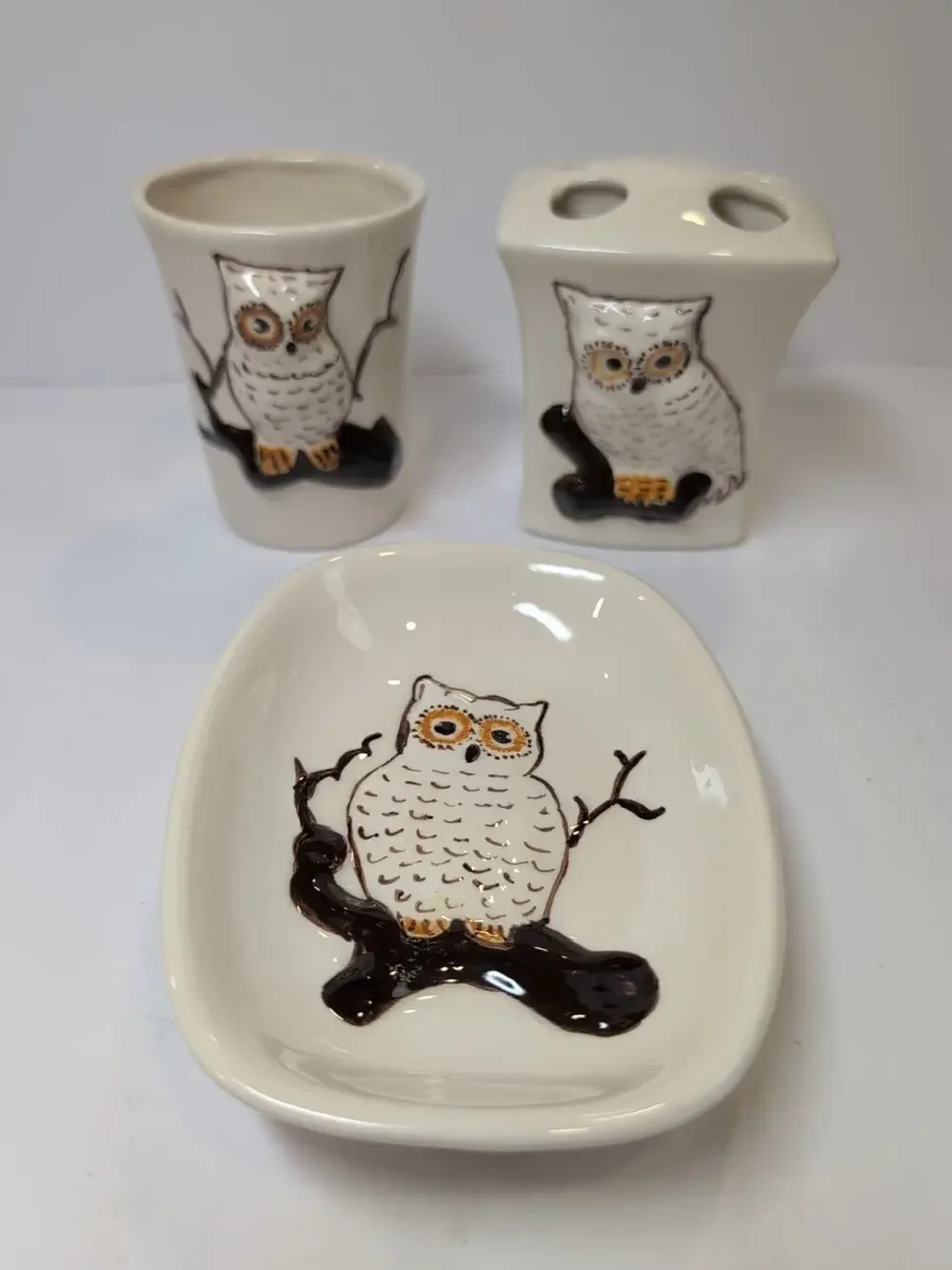 Vintage Ceramic 3D Owl Bathroom Set 1970's Hand painted